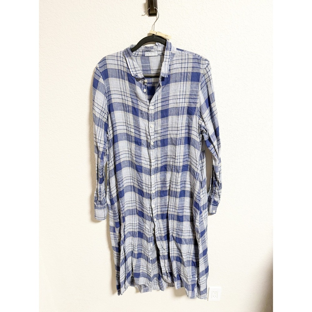 CP Shades Plaid Linen Shirt Dress Button Up Long Sleeve Tunic Blue White Large